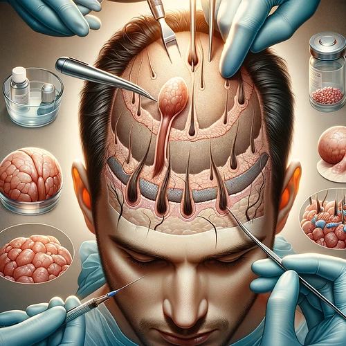 DALL·E 2024-03-21 00.34.47 - A highly detailed and professional medical illustration showing the process of hair transplantation. The image should depict the initial consultation,